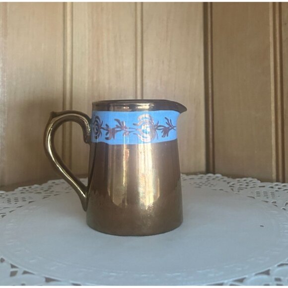Antique Copper Lustreware Miniature Creamer Hand Painted Blue Floral Band Jug - Picture 1 of 8